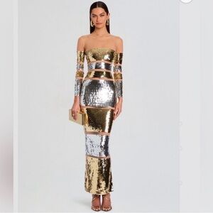 NWT! $1198 Retrofete Desi Sequin Gown Mesh Silver Gold Dress Sheer Small